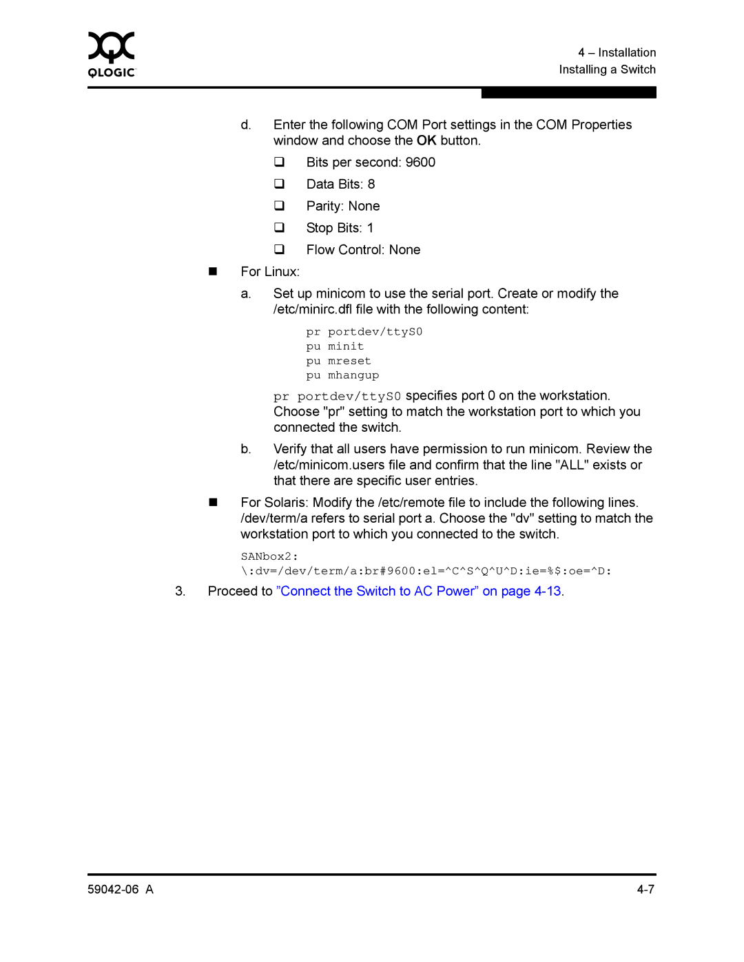 Q-Logic 2-8C manual Enter the following COM Port settings in the COM Properties, Window and choose the OK button, Data Bits 