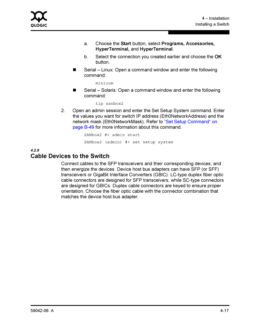 Q-Logic 2-8C manual Cable Devices to the Switch, Choose the Start button, select Programs, Accessories, Button 