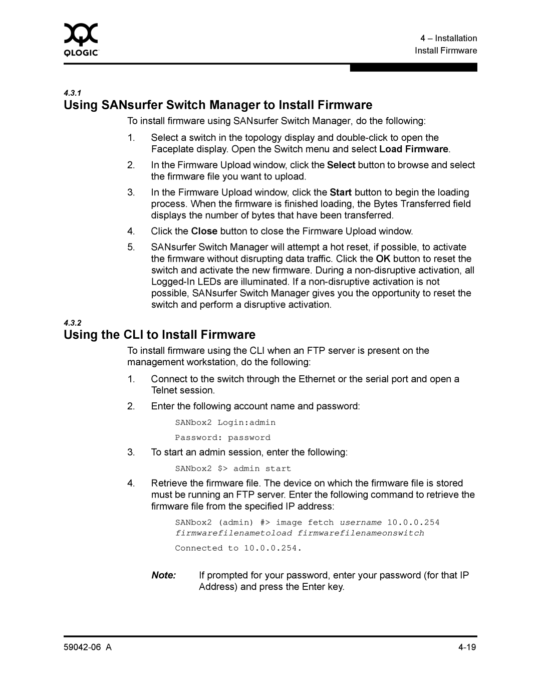 Q-Logic 2-8C manual Using SANsurfer Switch Manager to Install Firmware, Using the CLI to Install Firmware 