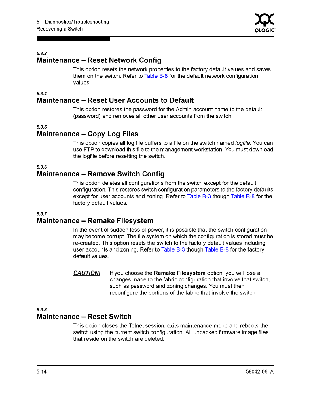 Q-Logic 2-8C Maintenance Reset Network Config, Maintenance Reset User Accounts to Default, Maintenance Copy Log Files 