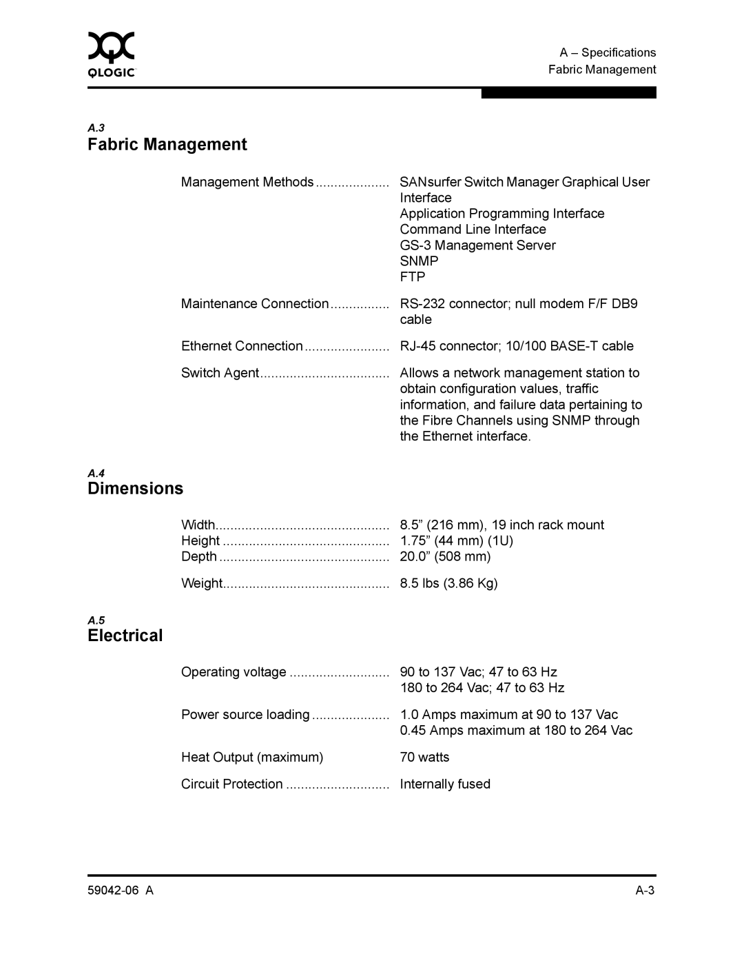 Q-Logic 2-8C manual Dimensions, Electrical 