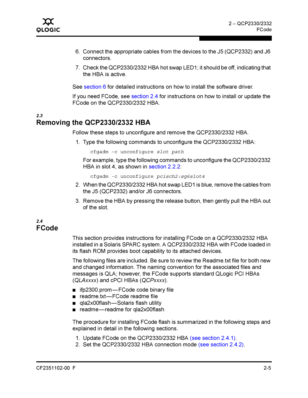 Q-Logic 2300 series manual Removing the QCP2330/2332 HBA, FCode 