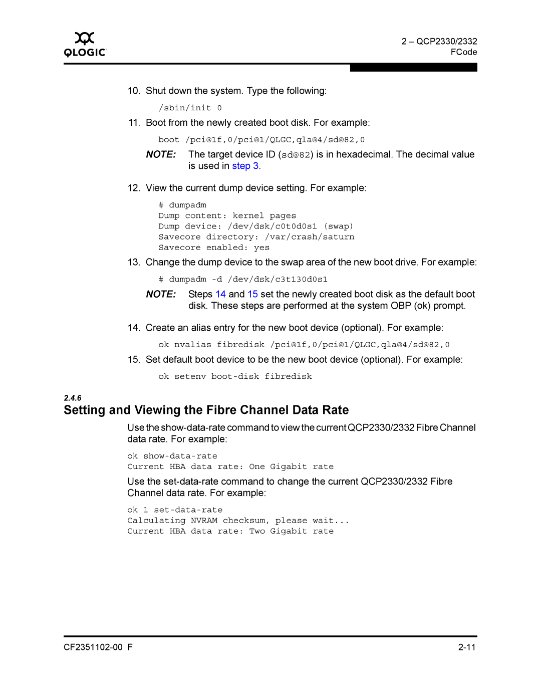 Q-Logic 2300 series manual Setting and Viewing the Fibre Channel Data Rate, Shut down the system. Type the following 