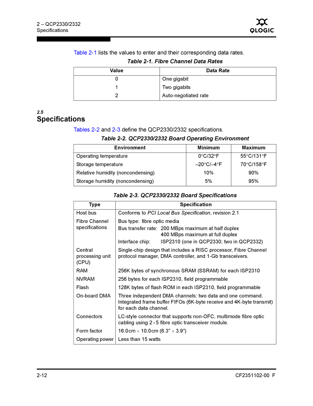 Q-Logic 2300 series manual Specifications, Tables 2-2and 2-3define the QCP2330/2332 specifications 