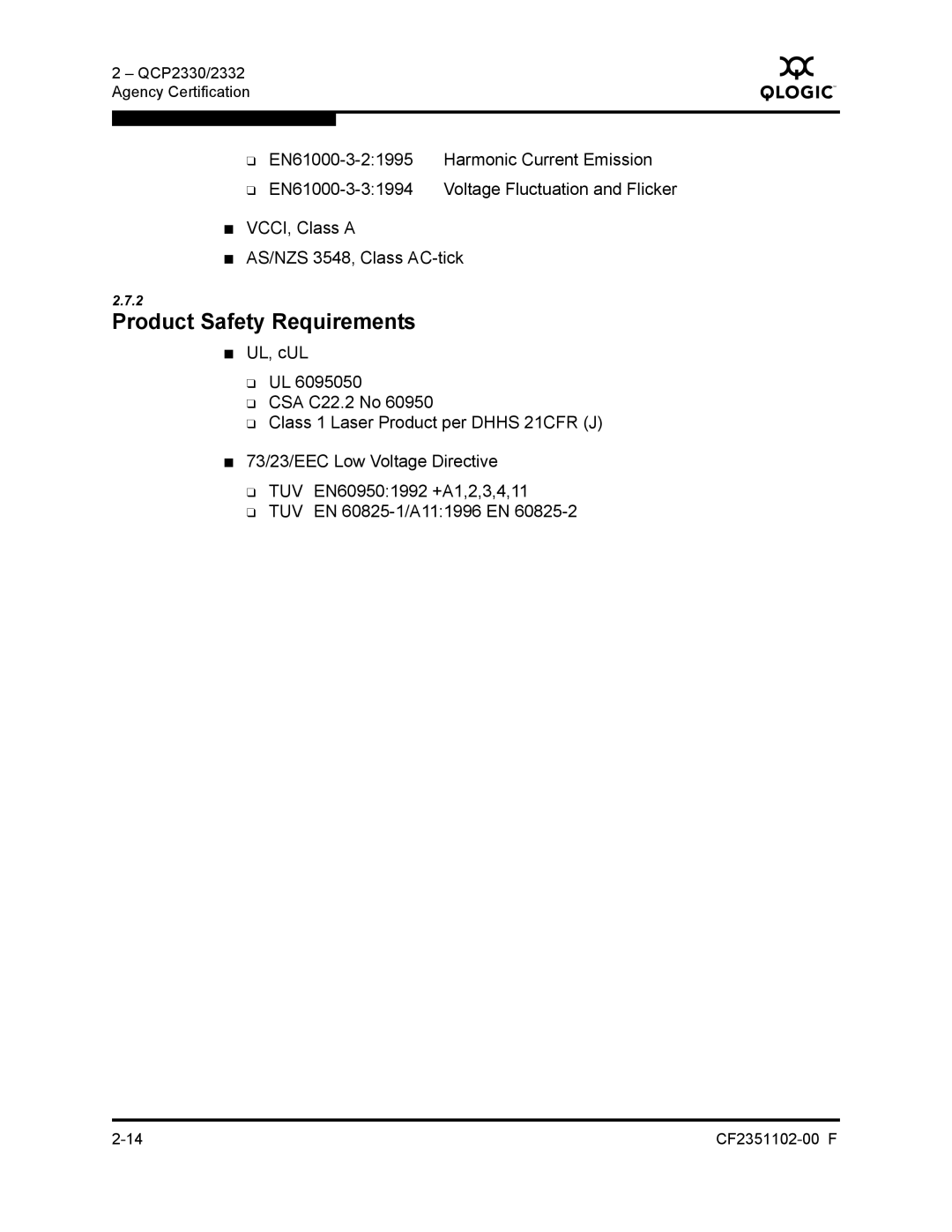 Q-Logic 2300 series manual Product Safety Requirements 