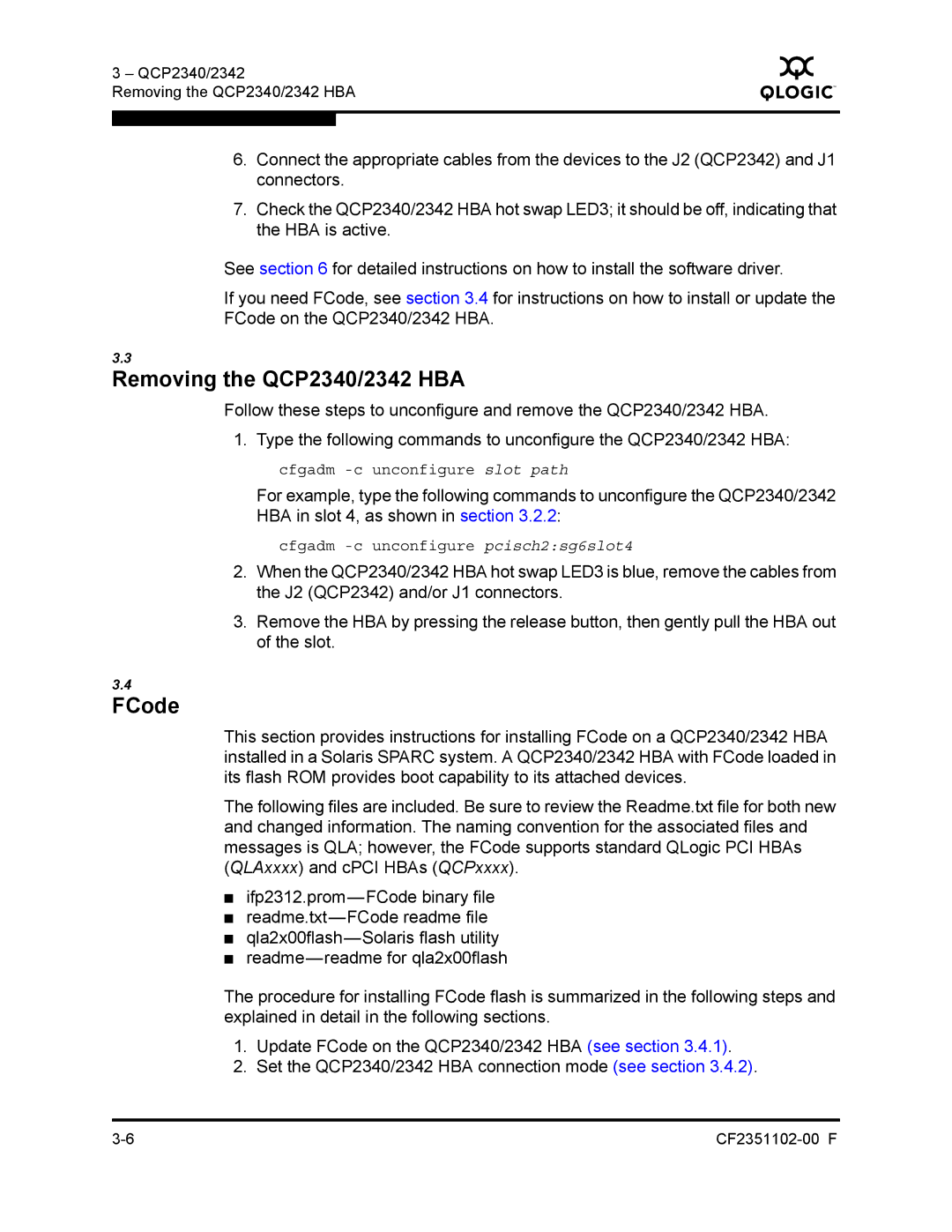 Q-Logic 2300 series manual Removing the QCP2340/2342 HBA, FCode 