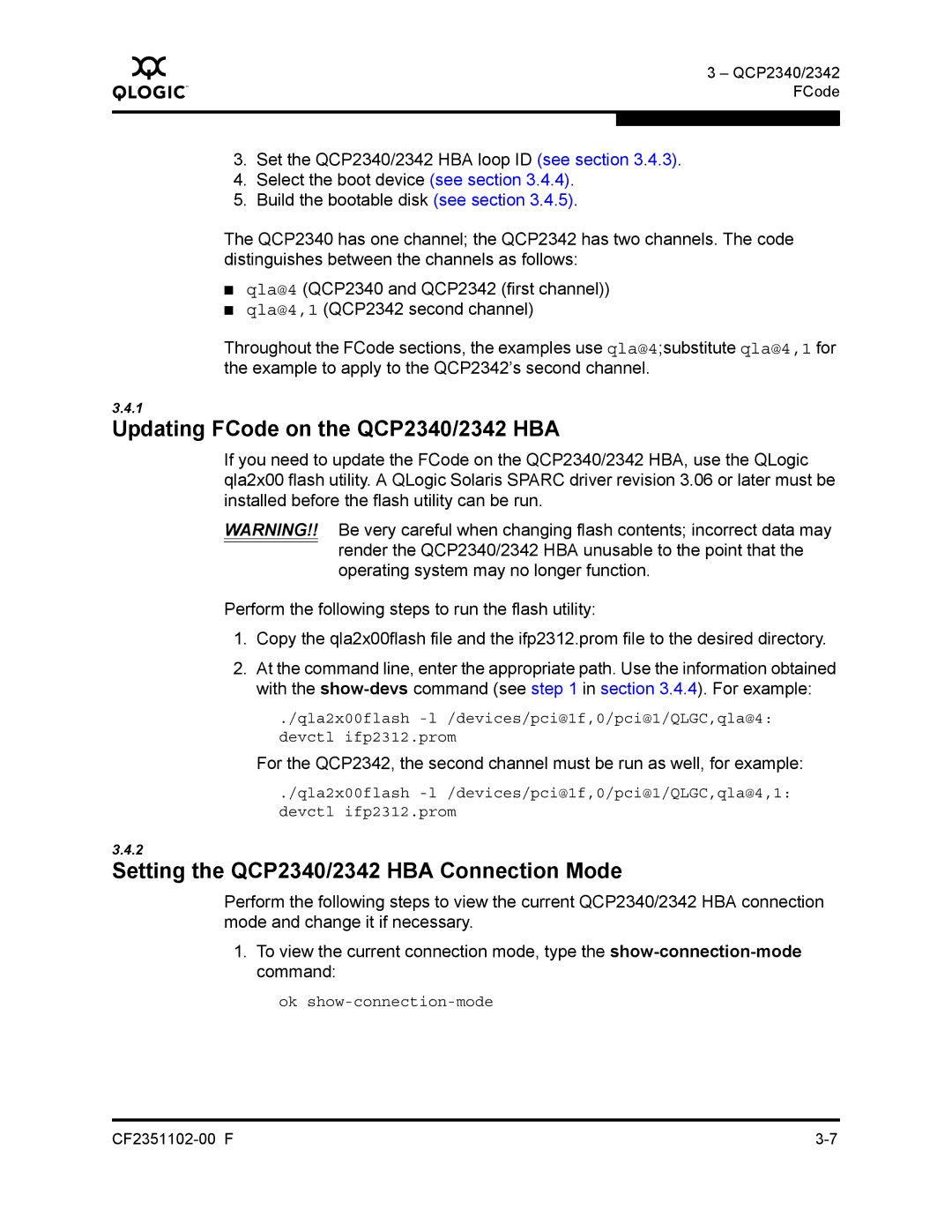 Q-Logic 2300 series manual Updating FCode on the QCP2340/2342 HBA, Setting the QCP2340/2342 HBA Connection Mode 