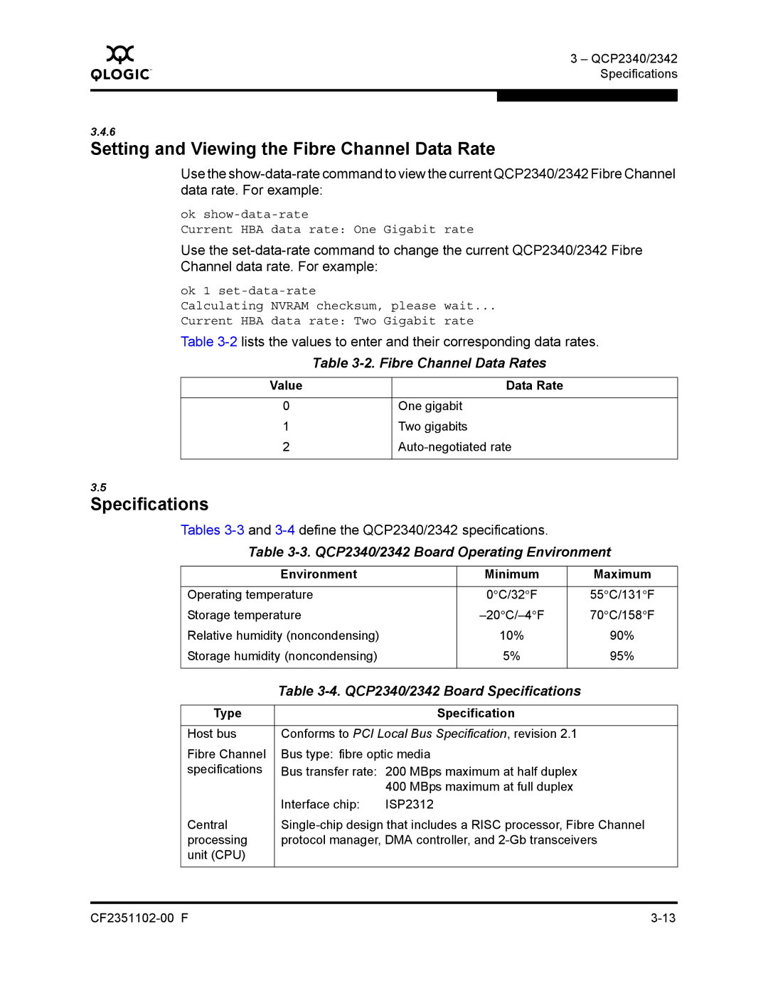 Q-Logic 2300 series Tables 3-3and 3-4define the QCP2340/2342 specifications, QCP2340/2342 Board Operating Environment 