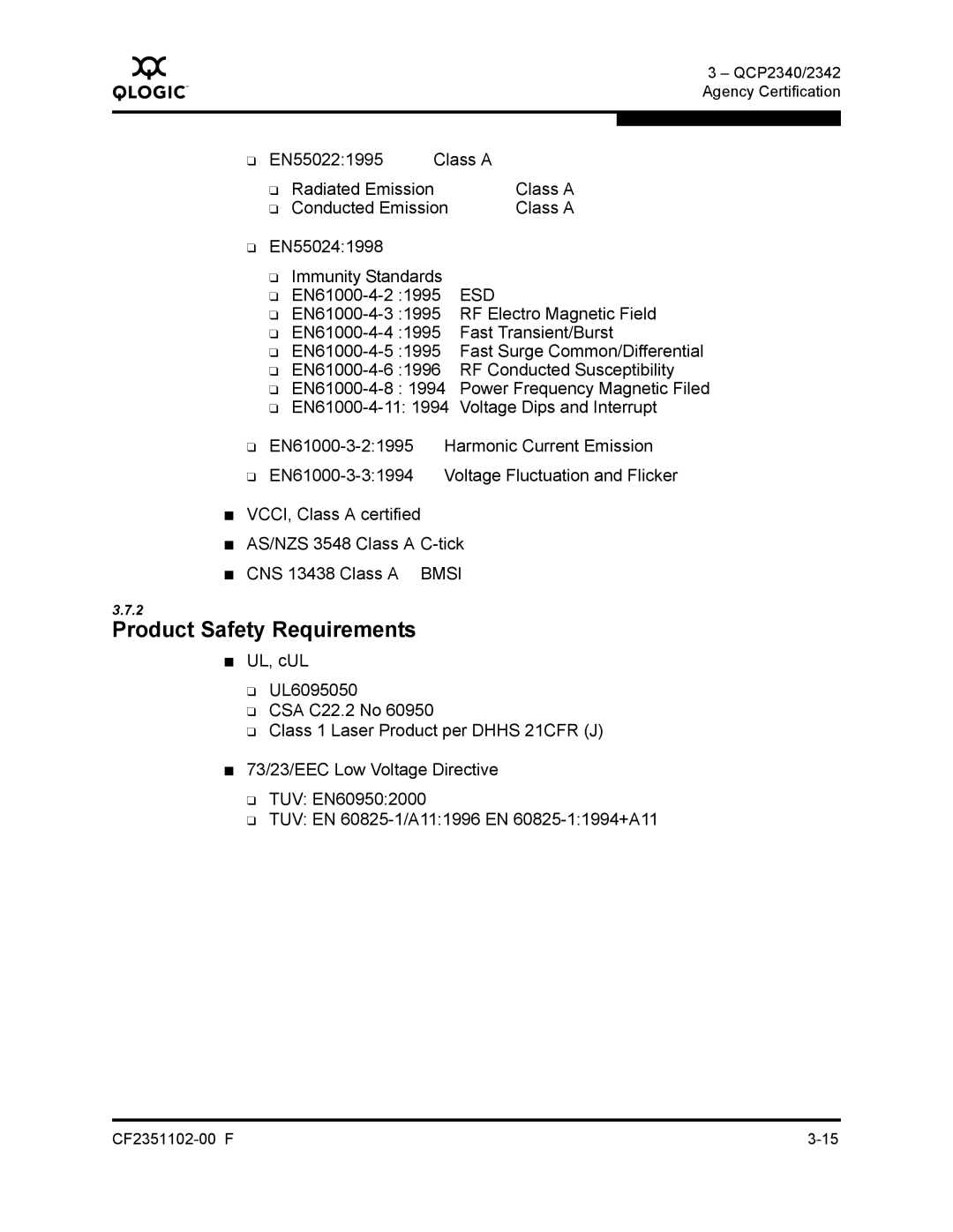 Q-Logic 2300 series manual Product Safety Requirements, EN550221995 Class a Radiated Emission 