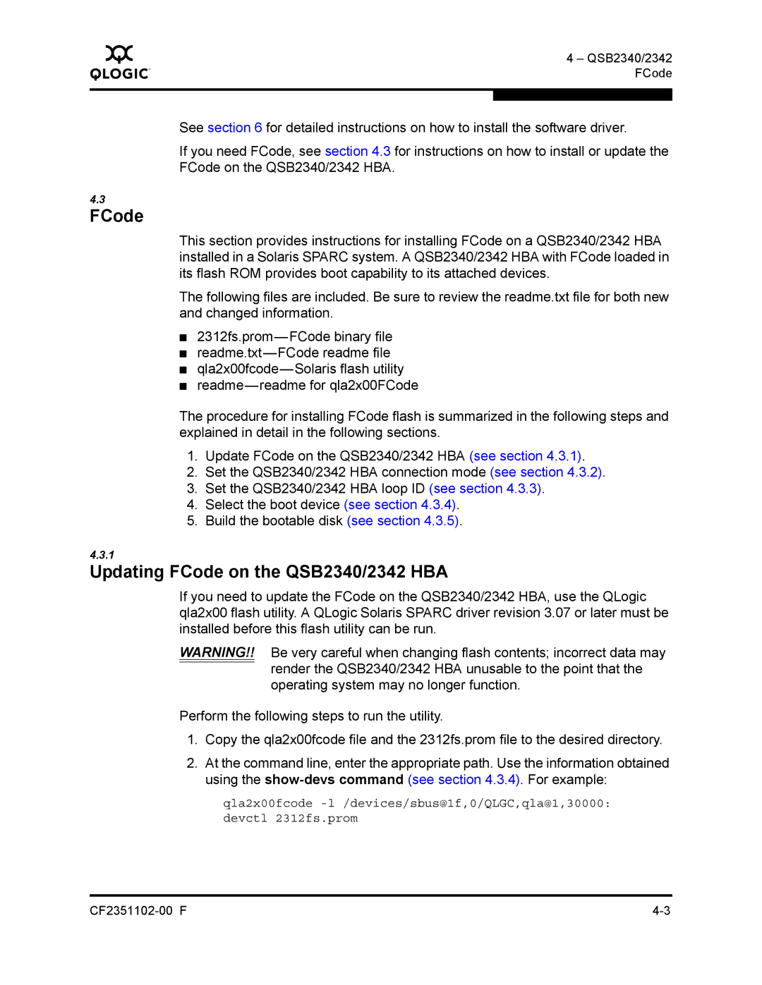 Q-Logic 2300 series manual Updating FCode on the QSB2340/2342 HBA 