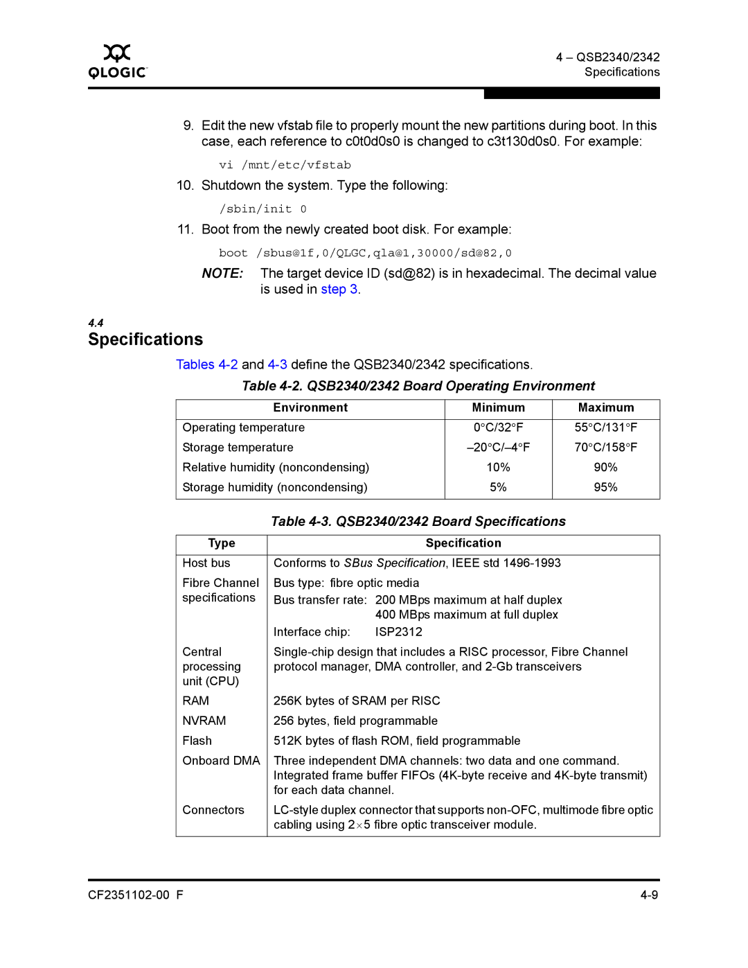 Q-Logic 2300 series manual Shutdown the system. Type the following, Tables 4-2and 4-3define the QSB2340/2342 specifications 