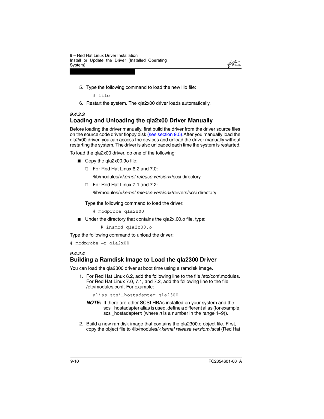 Q-Logic manual Loading and Unloading the qla2x00 Driver Manually, Building a Ramdisk Image to Load the qla2300 Driver 