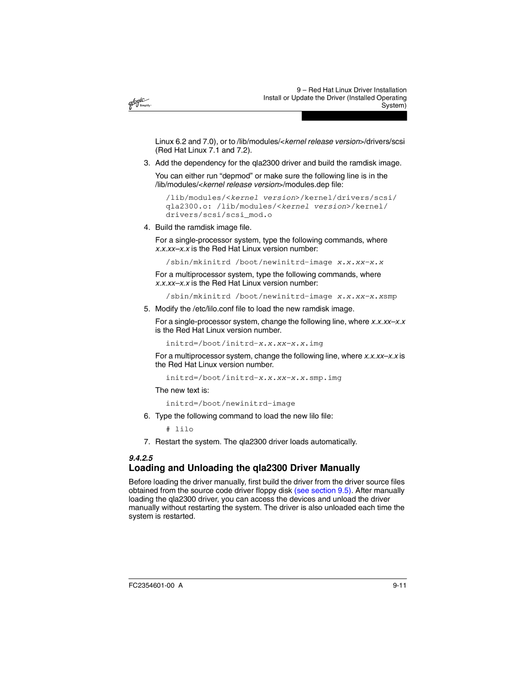 Q-Logic manual Loading and Unloading the qla2300 Driver Manually, New text is 