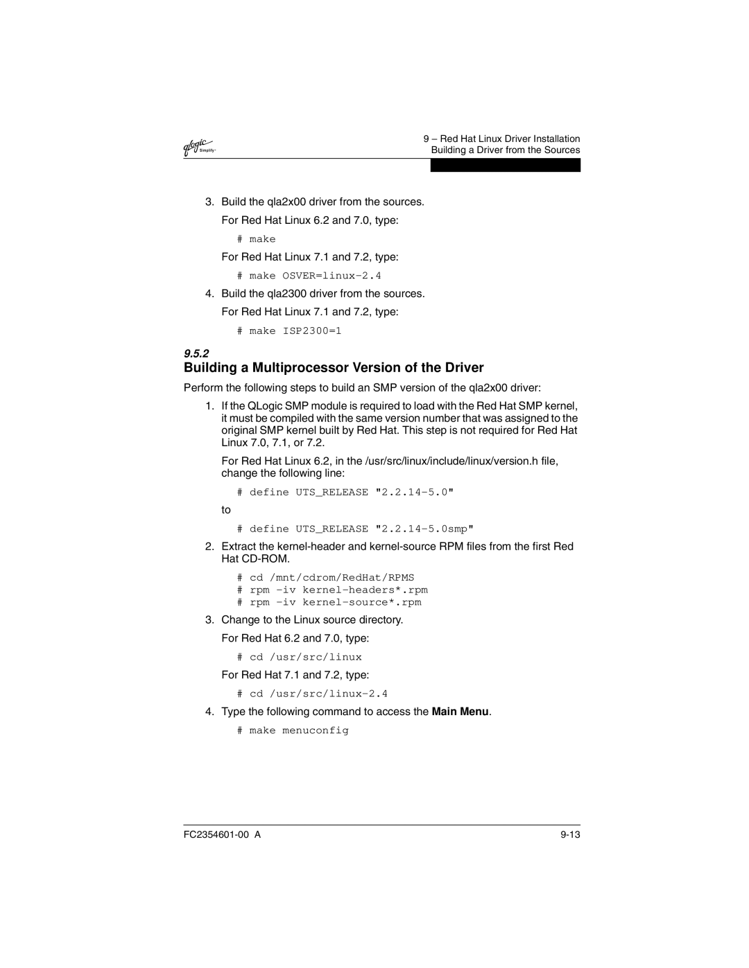 Q-Logic 2300 manual Building a Multiprocessor Version of the Driver, For Red Hat Linux 7.1 and 7.2, type 