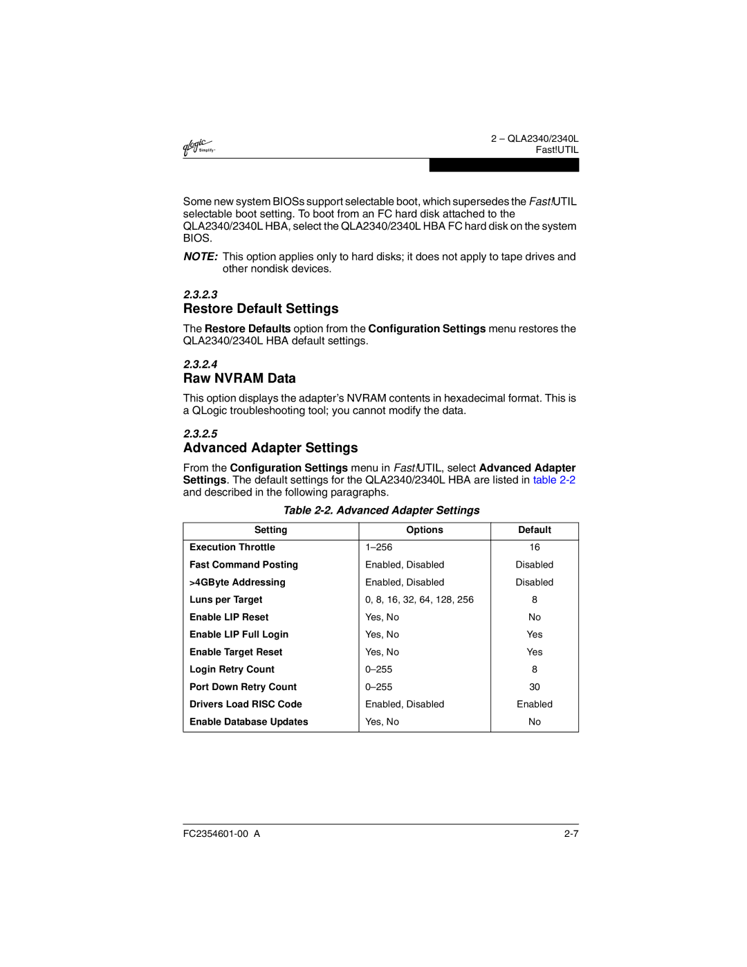 Q-Logic 2300 manual Restore Default Settings, Raw Nvram Data, Advanced Adapter Settings 