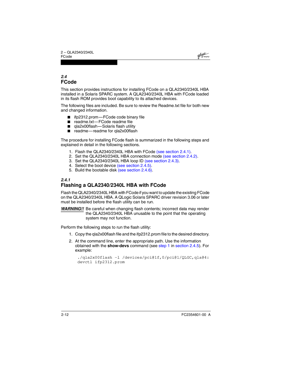 Q-Logic 2300 manual Flashing a QLA2340/2340L HBA with FCode 