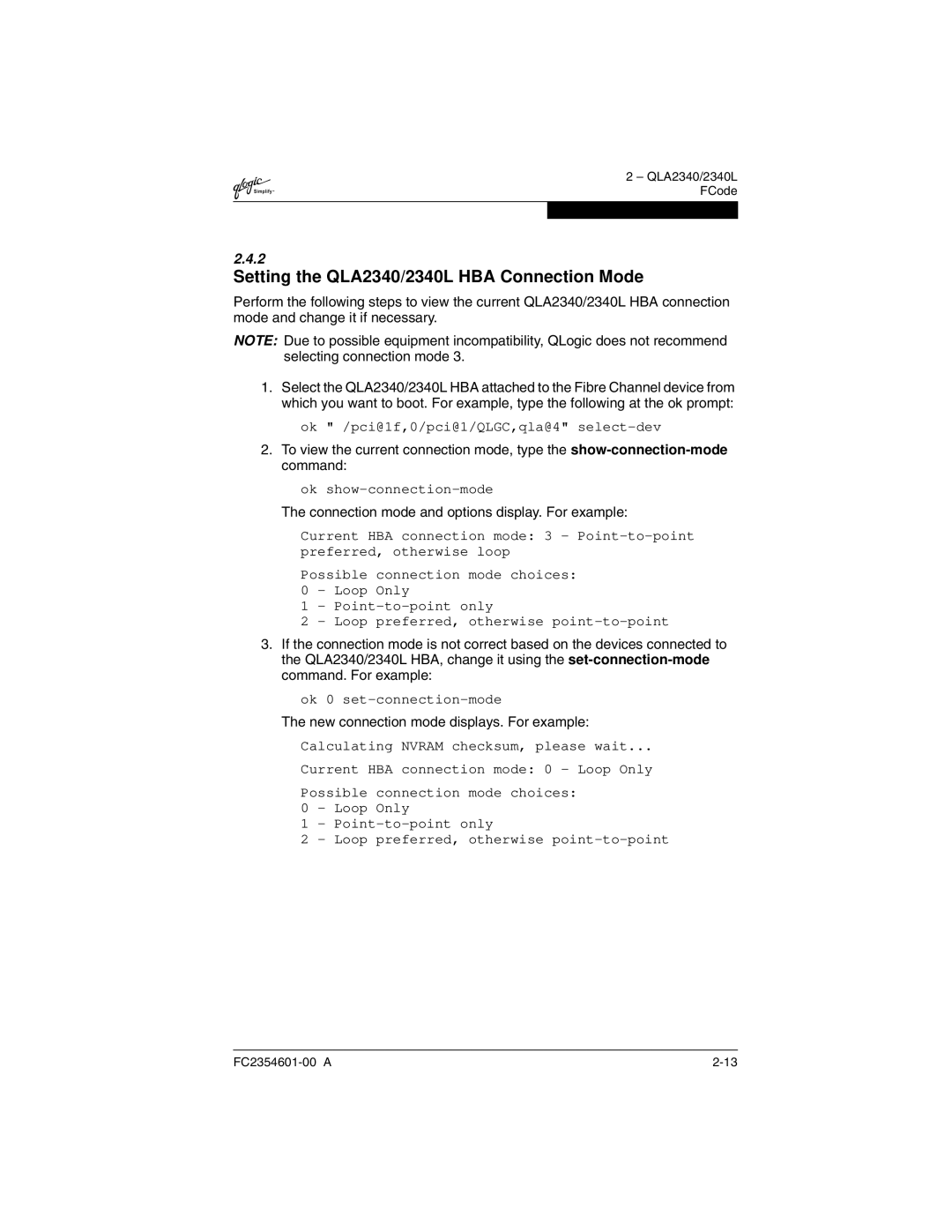 Q-Logic 2300 manual Setting the QLA2340/2340L HBA Connection Mode, Connection mode and options display. For example 