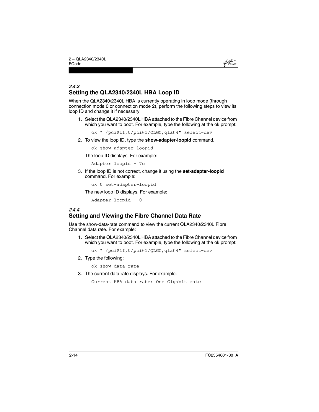 Q-Logic 2300 Setting the QLA2340/2340L HBA Loop ID, Setting and Viewing the Fibre Channel Data Rate, Type the following 