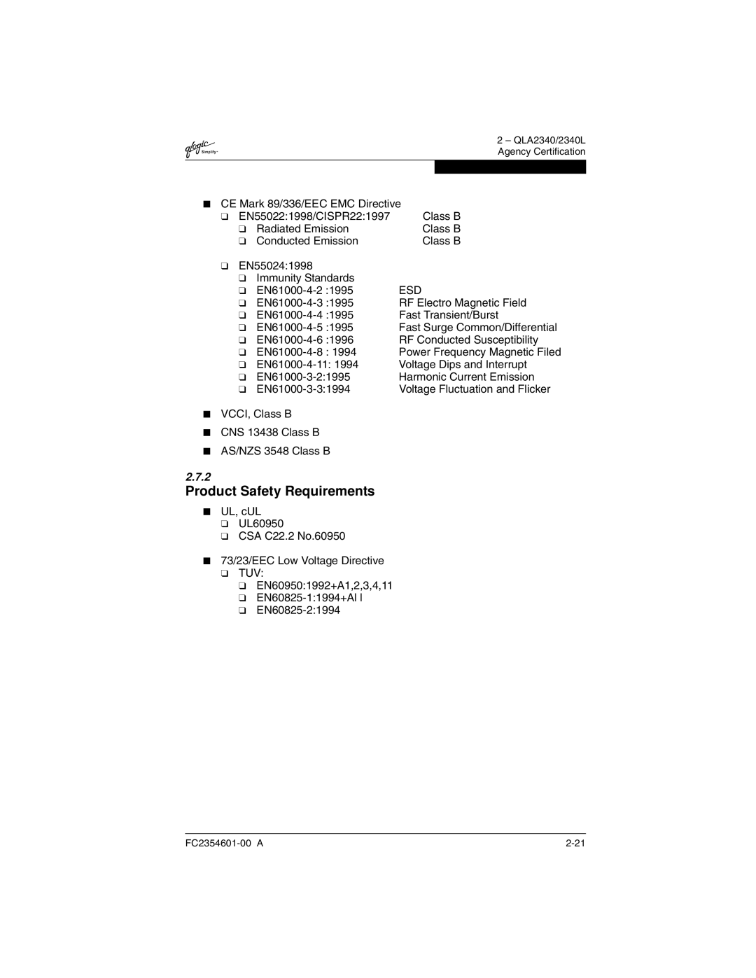 Q-Logic 2300 manual Product Safety Requirements 