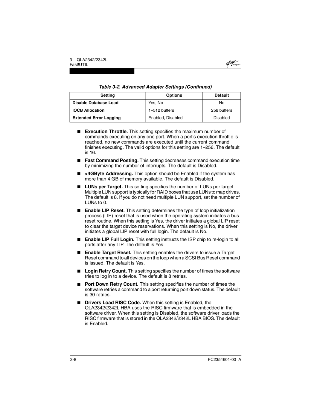 Q-Logic 2300 manual Setting Options 