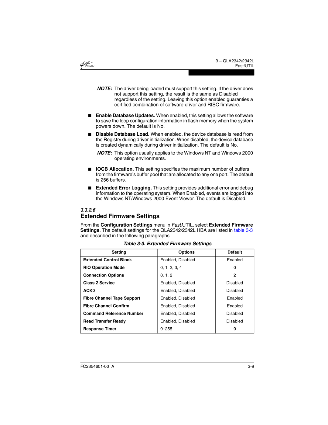 Q-Logic 2300 manual Extended Firmware Settings 