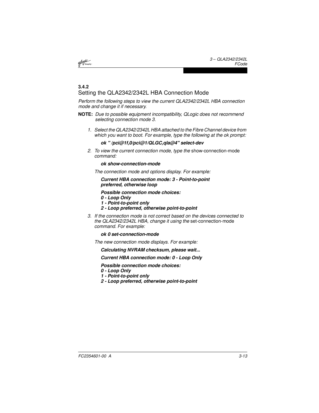 Q-Logic 2300 manual Setting the QLA2342/2342L HBA Connection Mode, Connection mode and options display. For example 