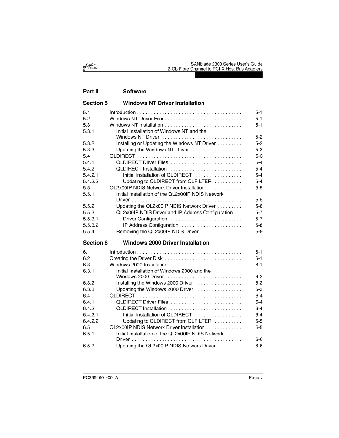 Q-Logic 2300 manual Part Software Section Windows NT Driver Installation 