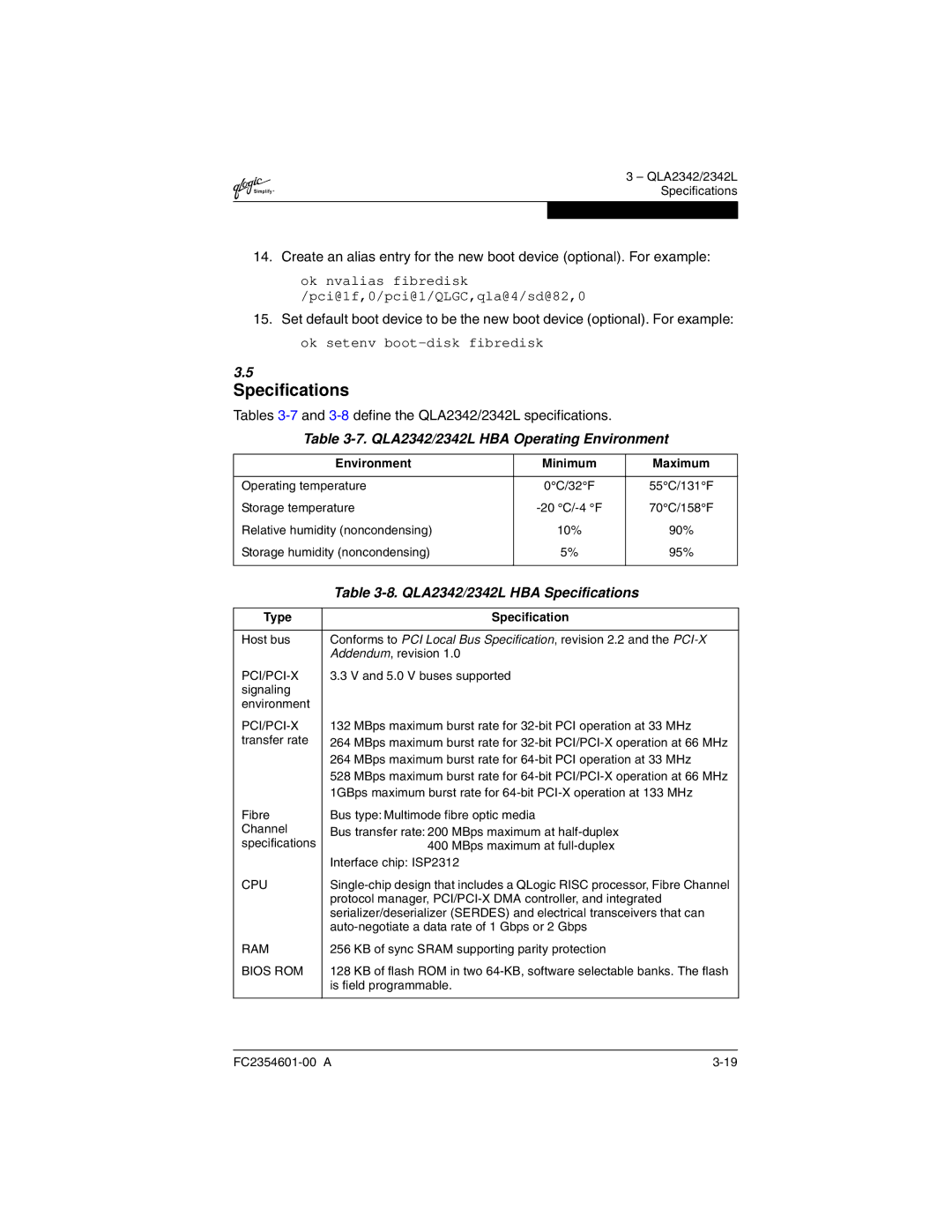 Q-Logic 2300 manual Tables 3-7and 3-8define the QLA2342/2342L specifications, QLA2342/2342L HBA Operating Environment 