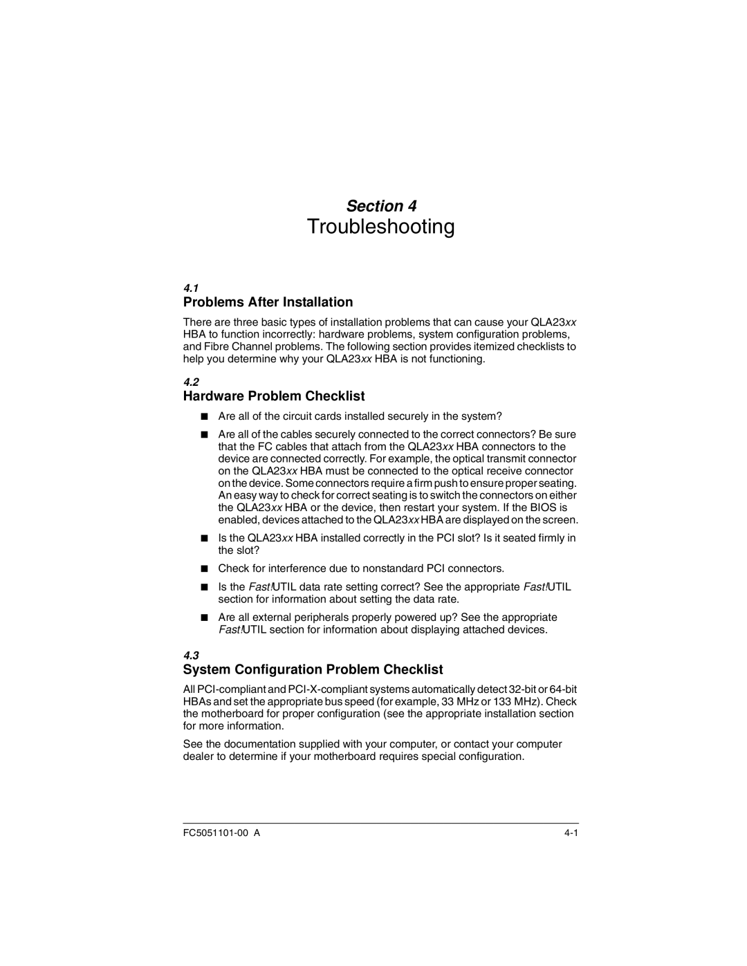 Q-Logic 2300 manual Troubleshooting, Problems After Installation, Hardware Problem Checklist 