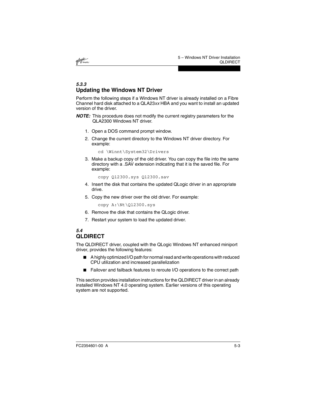 Q-Logic 2300 manual Updating the Windows NT Driver, Qldirect 