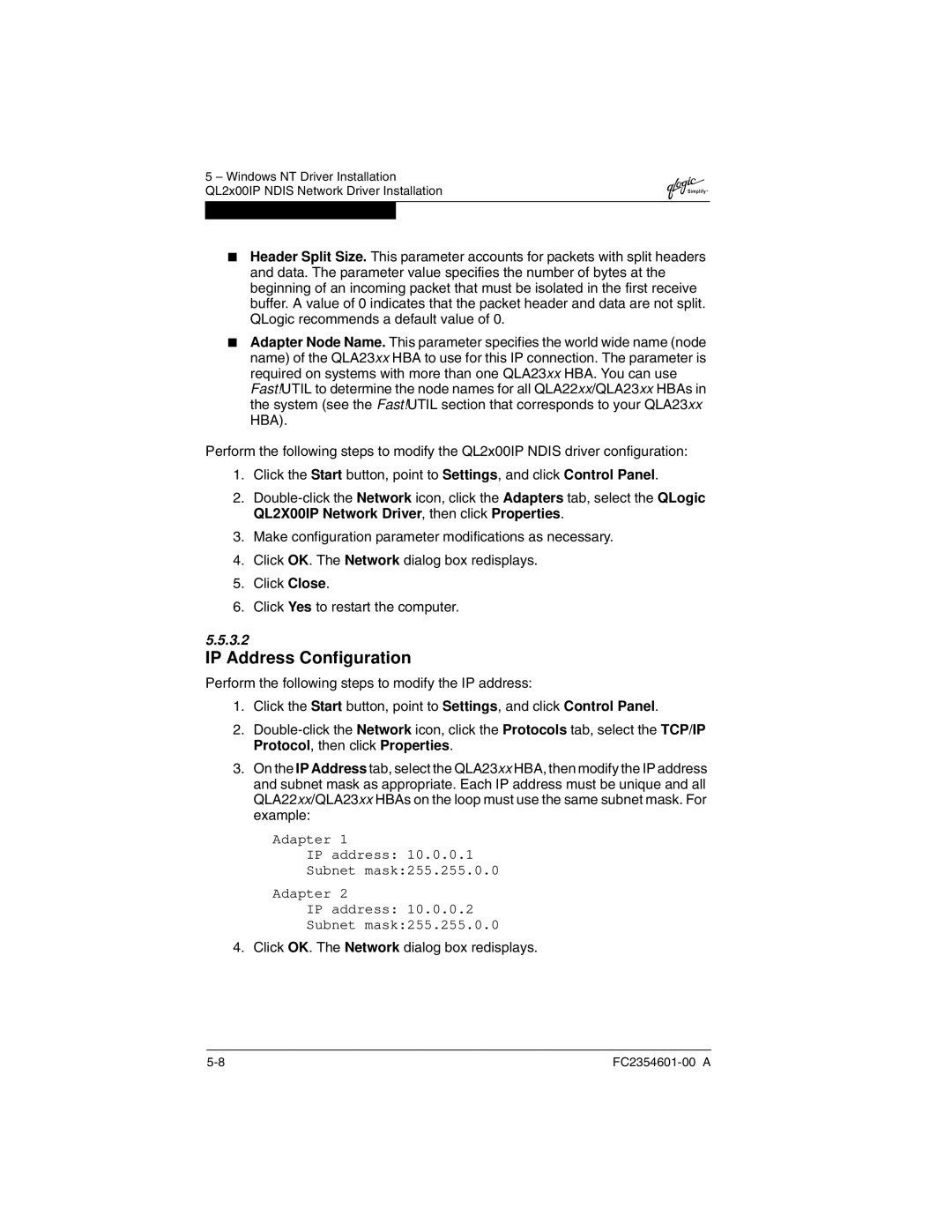 Q-Logic 2300 manual IP Address Configuration, Click OK. The Network dialog box redisplays 