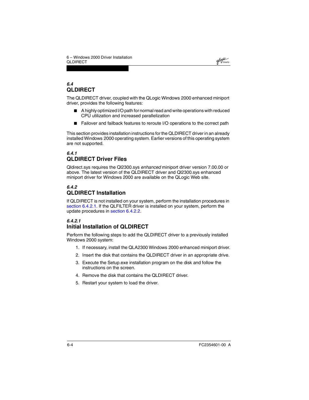 Q-Logic 2300 manual Windows 2000 Driver Installation 