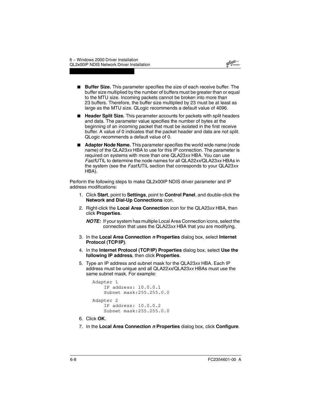 Q-Logic 2300 manual Adapter IP address Subnet mask255.255.0.0 