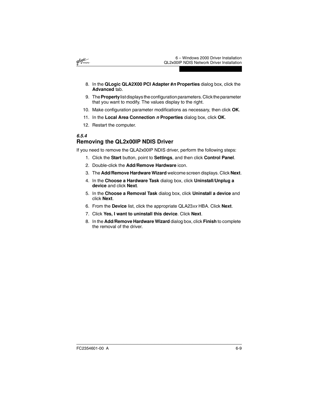 Q-Logic 2300 manual Removing the QL2x00IP Ndis Driver, Restart the computer 