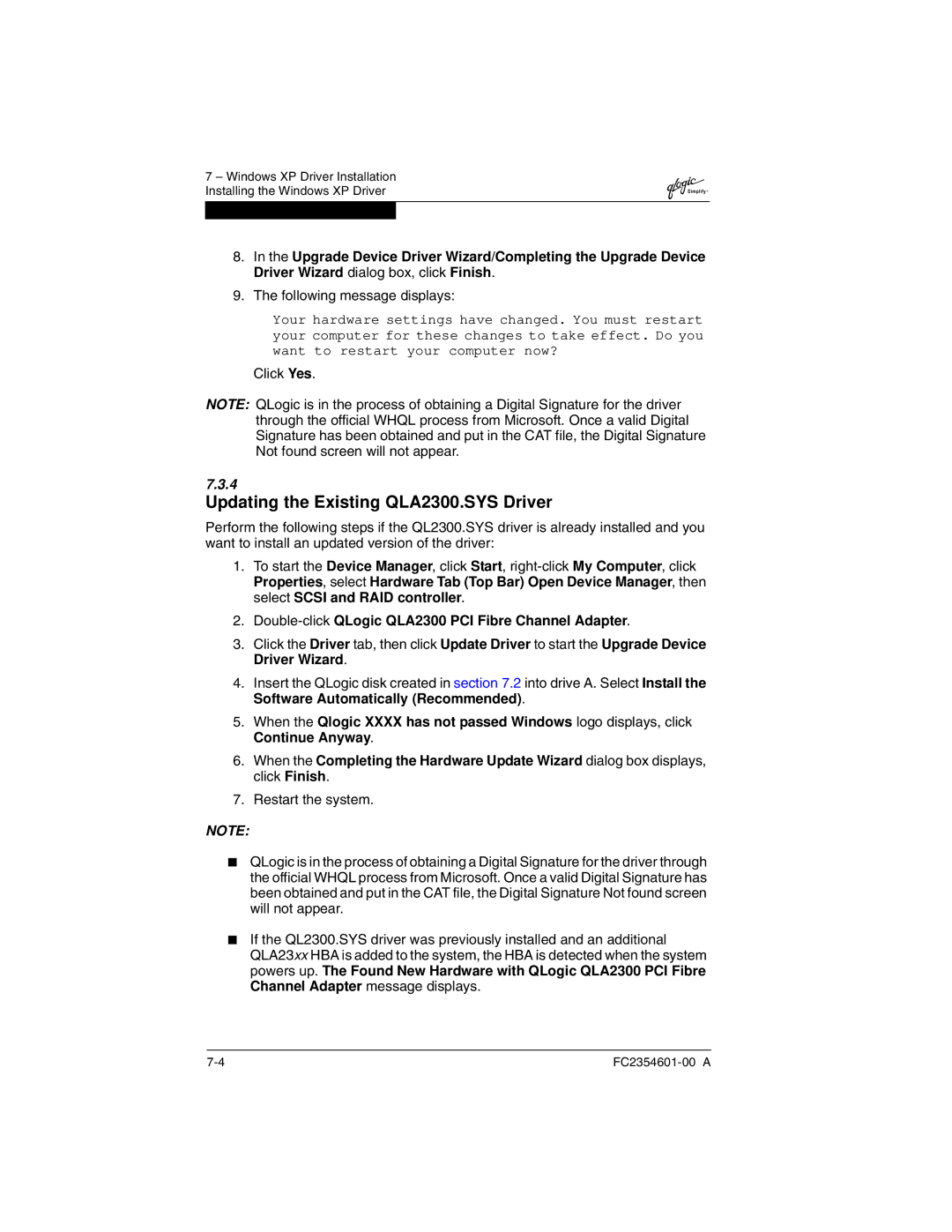 Q-Logic manual Updating the Existing QLA2300.SYS Driver, Double-clickQLogic QLA2300 PCI Fibre Channel Adapter 