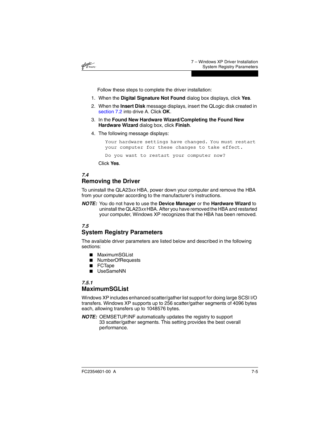 Q-Logic 2300 manual Removing the Driver, System Registry Parameters, MaximumSGList 