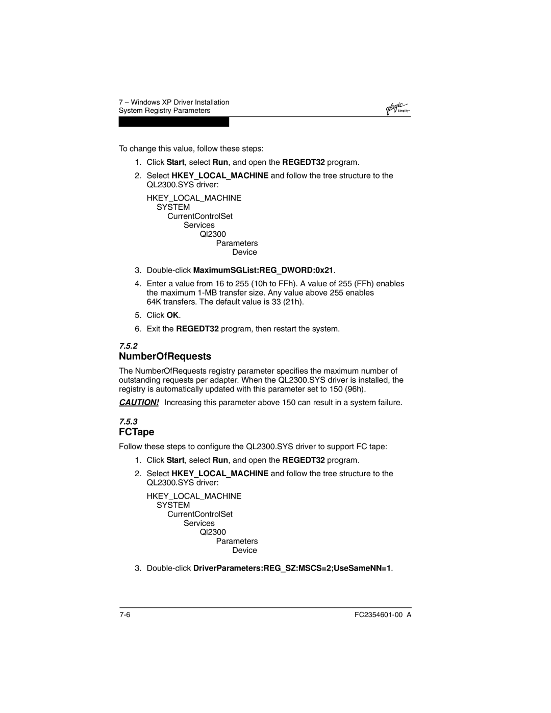 Q-Logic manual NumberOfRequests, FCTape, CurrentControlSet Services Ql2300 Parameters Device 