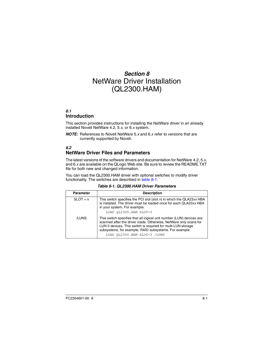 Q-Logic manual NetWare Driver Installation QL2300.HAM, NetWare Driver Files and Parameters 