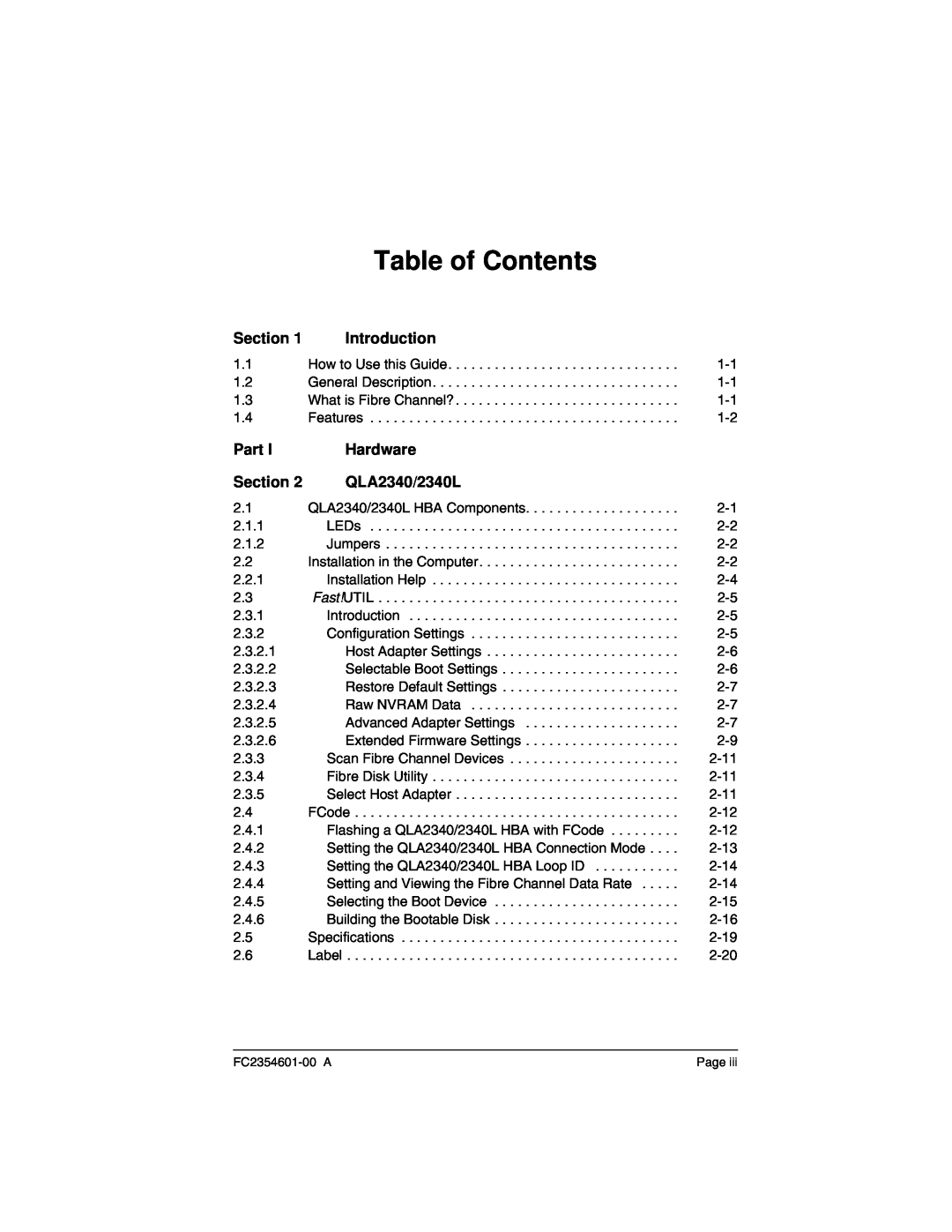 Q-Logic 2300 manual Section, Introduction, Part, Hardware, QLA2340/2340L, Table of Contents 