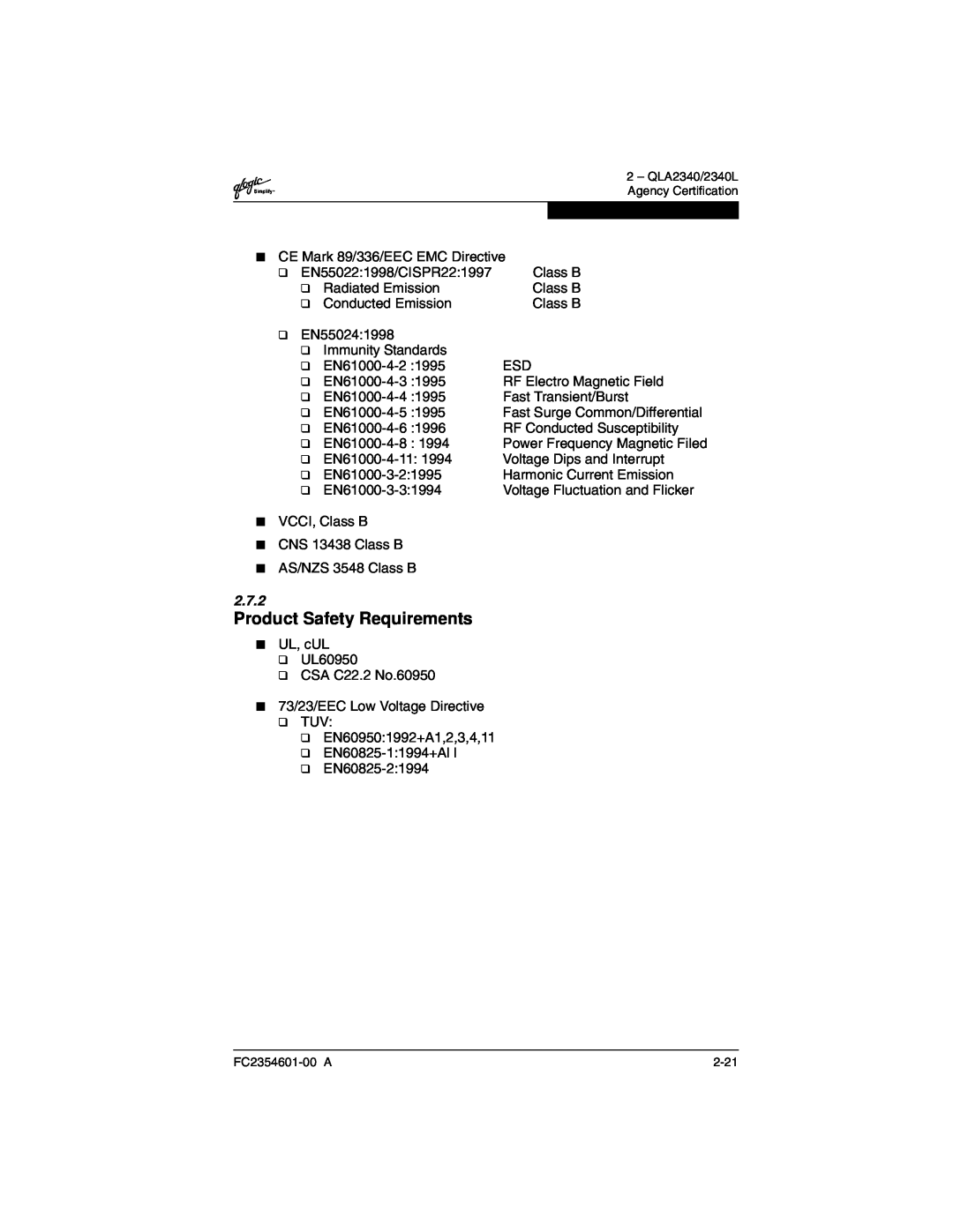 Q-Logic 2300 manual Product Safety Requirements, 2.7.2 