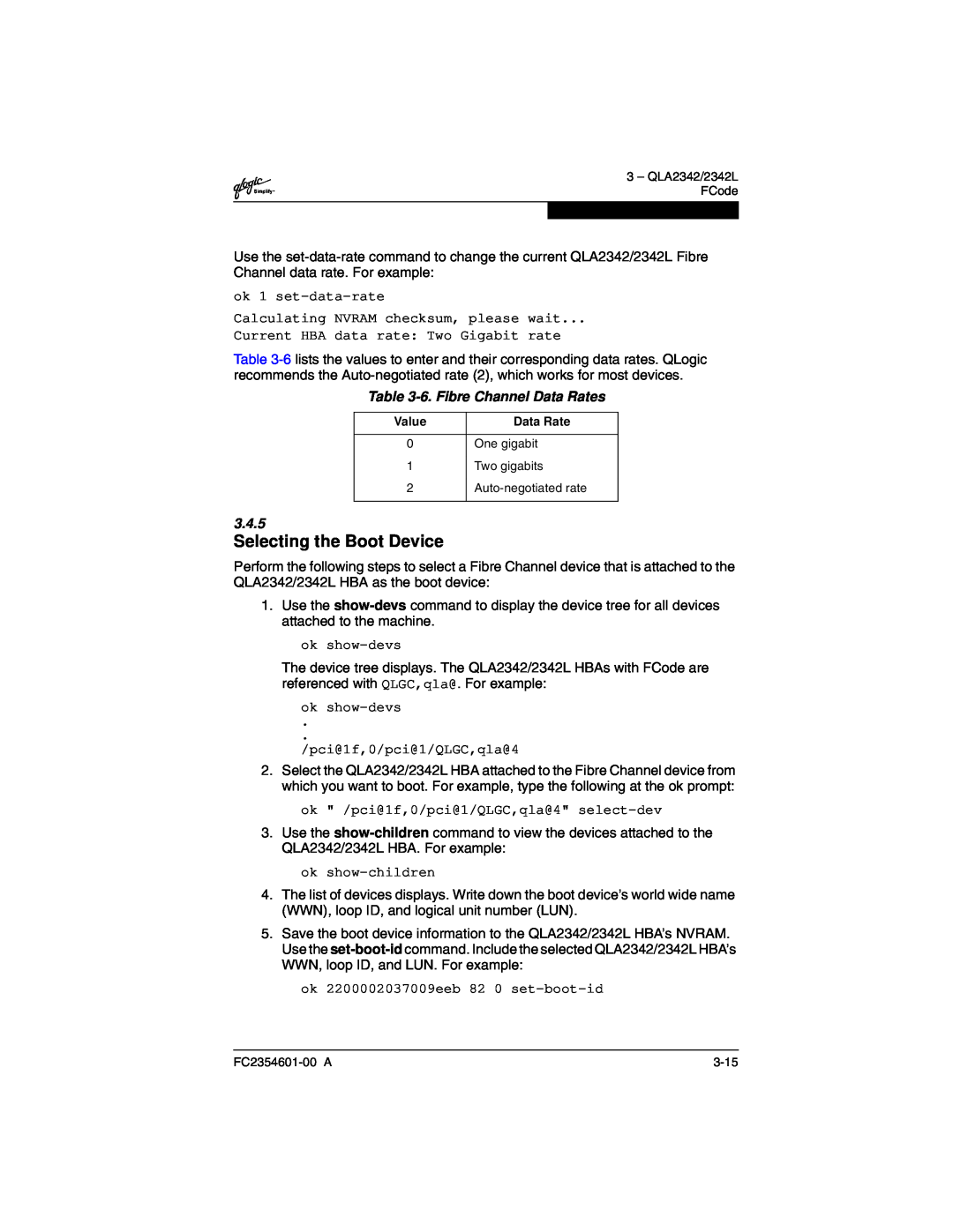 Q-Logic 2300 manual 6. Fibre Channel Data Rates, 3.4.5, Selecting the Boot Device 