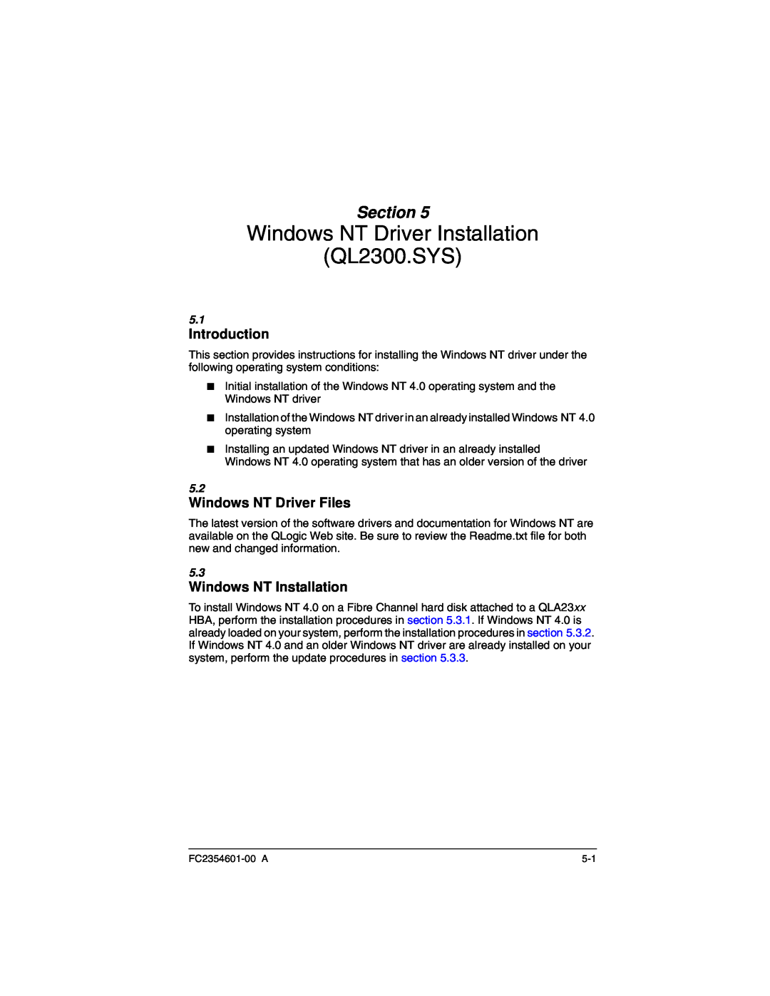 Q-Logic manual Windows NT Driver Installation QL2300.SYS, Windows NT Driver Files, Windows NT Installation, Section 
