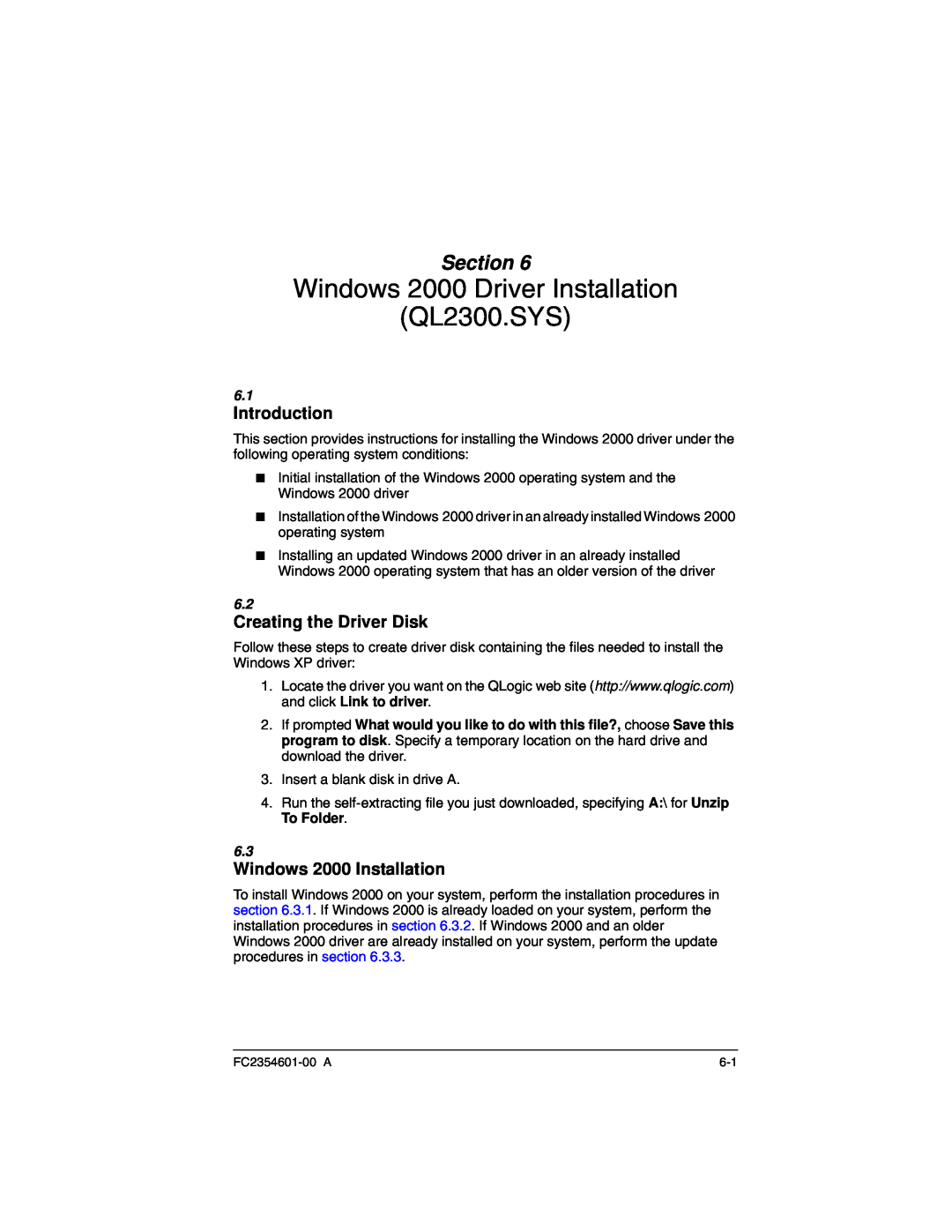 Q-Logic manual Windows 2000 Driver Installation QL2300.SYS, Creating the Driver Disk, Windows 2000 Installation, Section 