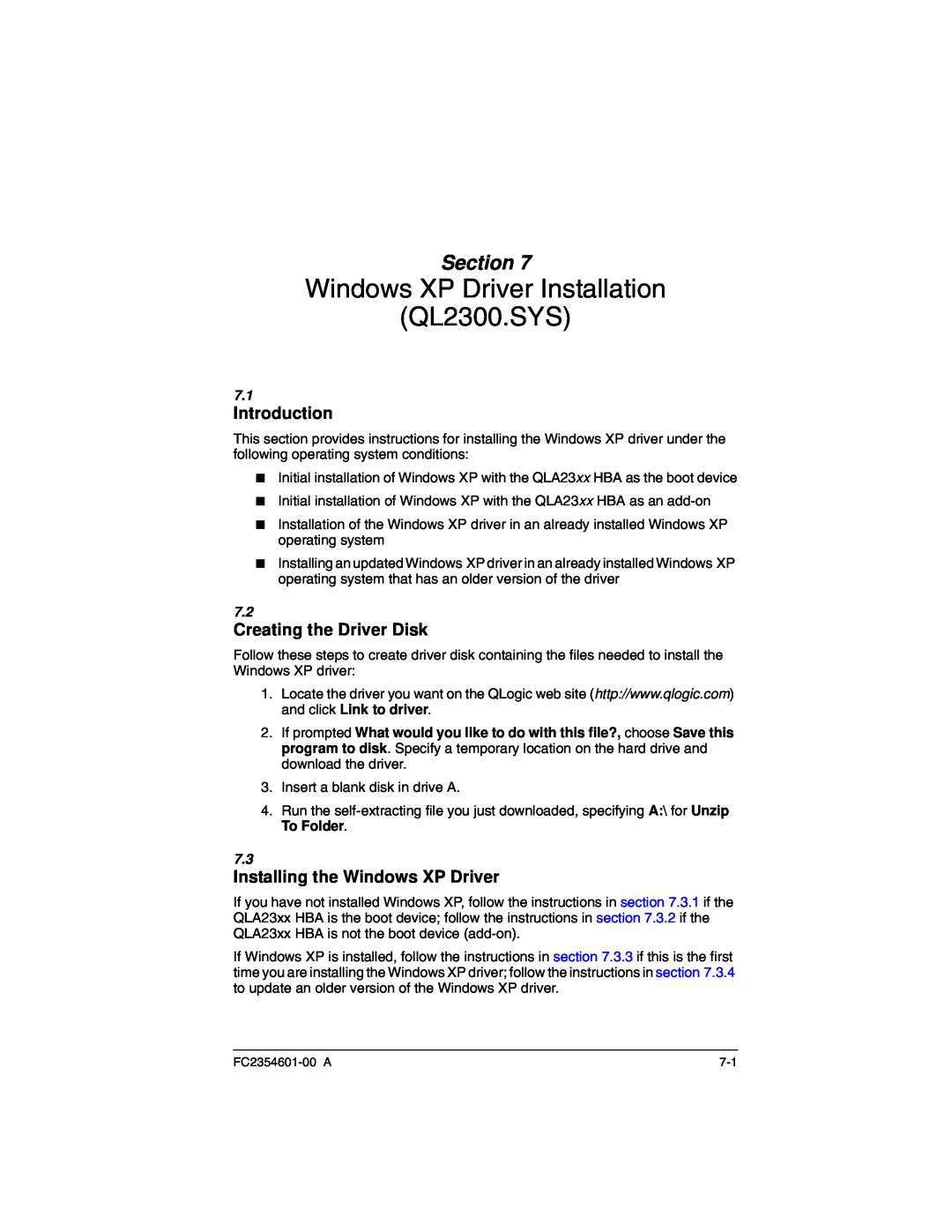 Q-Logic manual Windows XP Driver Installation QL2300.SYS, Installing the Windows XP Driver, Section, Introduction 