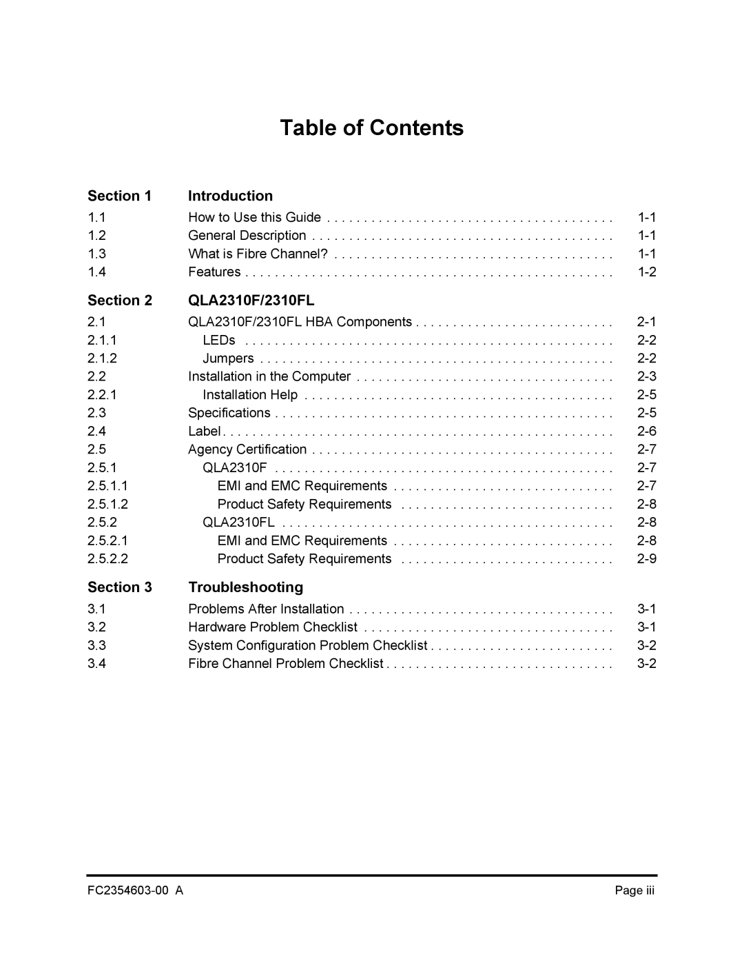 Q-Logic 2310FL manual Table of Contents 