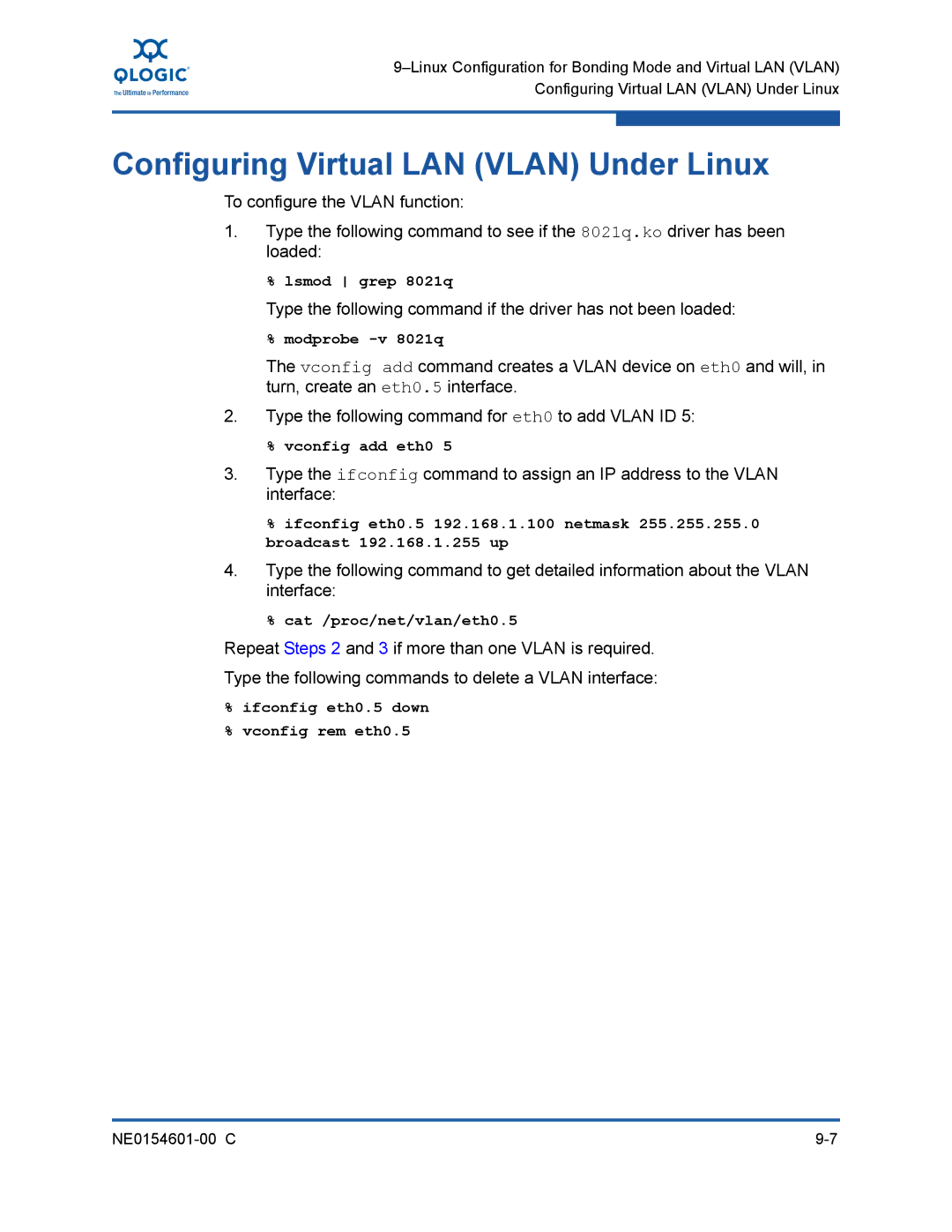 Q-Logic 3000, 3100 Configuring Virtual LAN Vlan Under Linux, Type the following command if the driver has not been loaded 