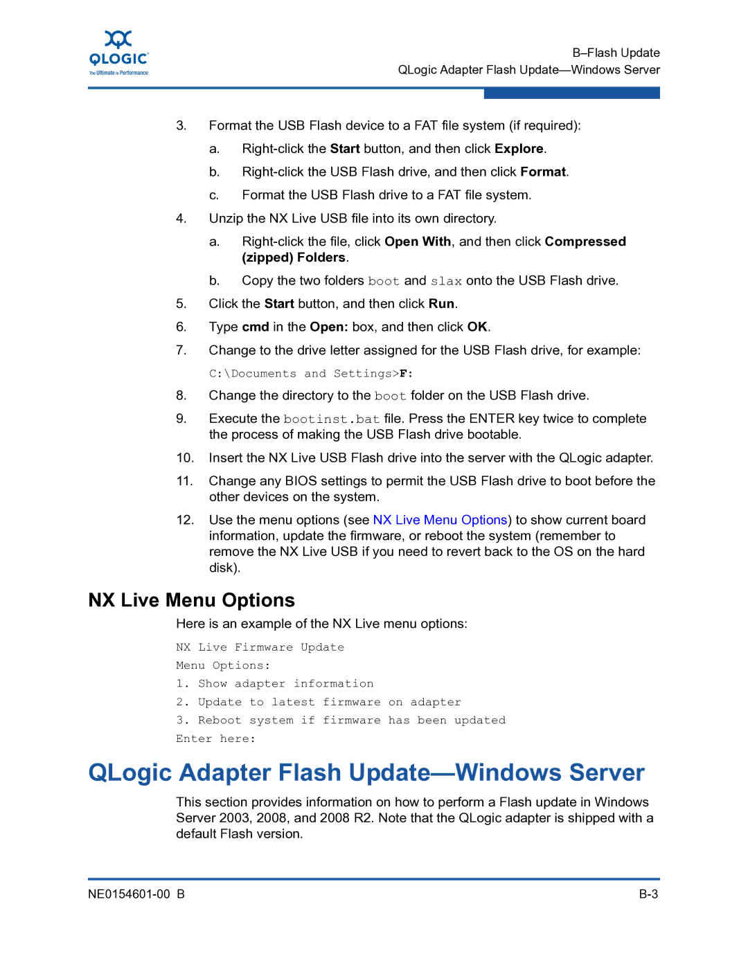 Q-Logic 3000, 3100 manual QLogic Adapter Flash Update-Windows Server, NX Live Menu Options 