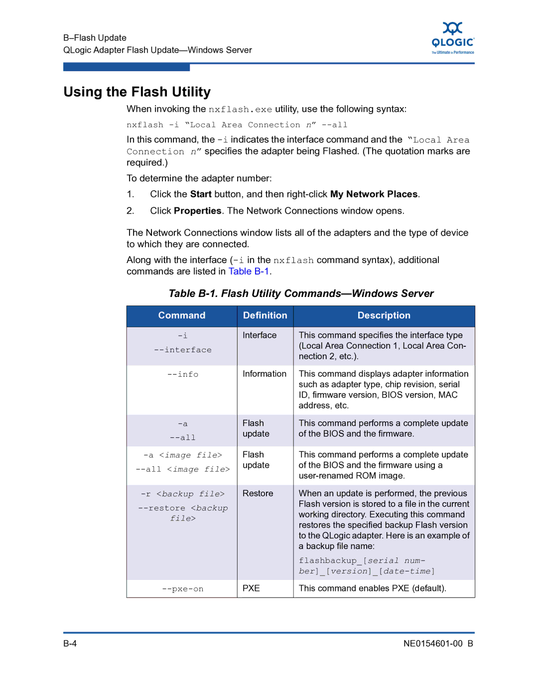 Q-Logic 3100 Using the Flash Utility, Table B-1. Flash Utility Commands-Windows Server, Command Definition Description 