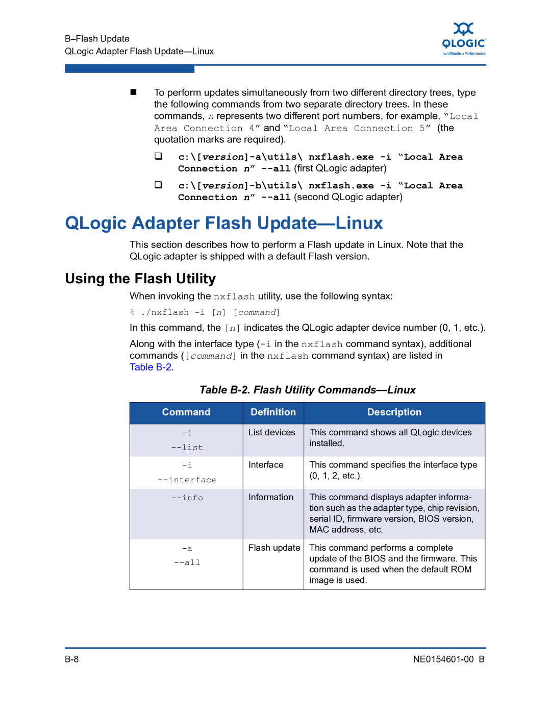 Q-Logic 3100, 3000 manual QLogic Adapter Flash Update-Linux, Table B-2. Flash Utility Commands-Linux 