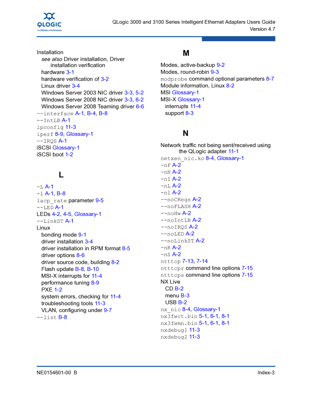 Q-Logic 3000, 3100 manual Interface A-1,B-4,B-8--IntLB A-1ipconfig, Lacprate parameter 9-5--LED A-1, List B-8 